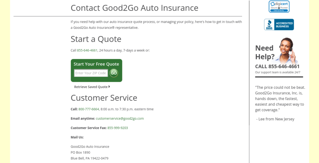 good2go insurance customer service contact page
