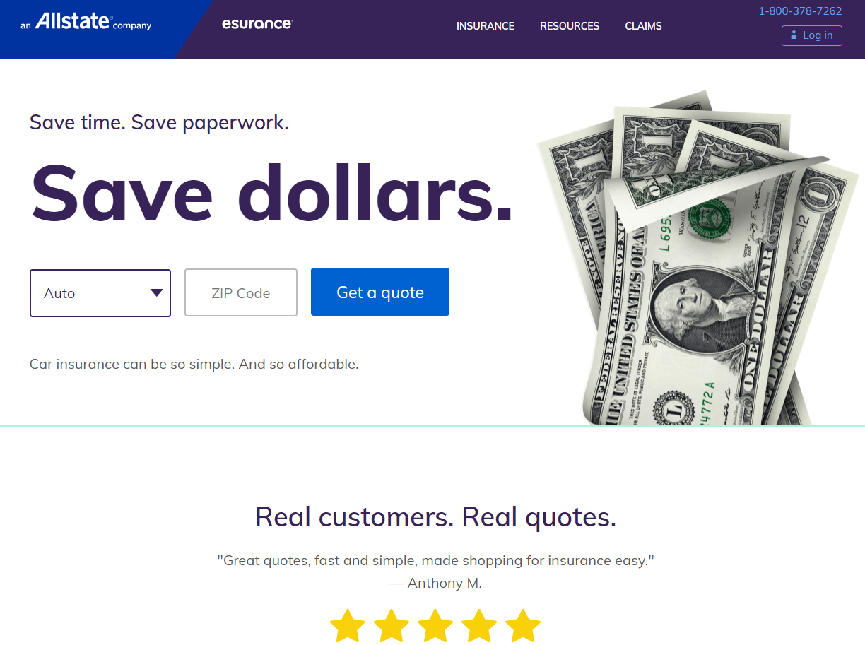 Esurance Car Insurance Review: Esurance Homepage