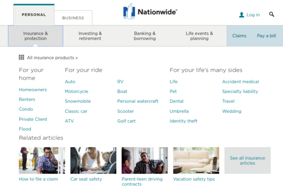 Nationwide Auto Insurance website navigation