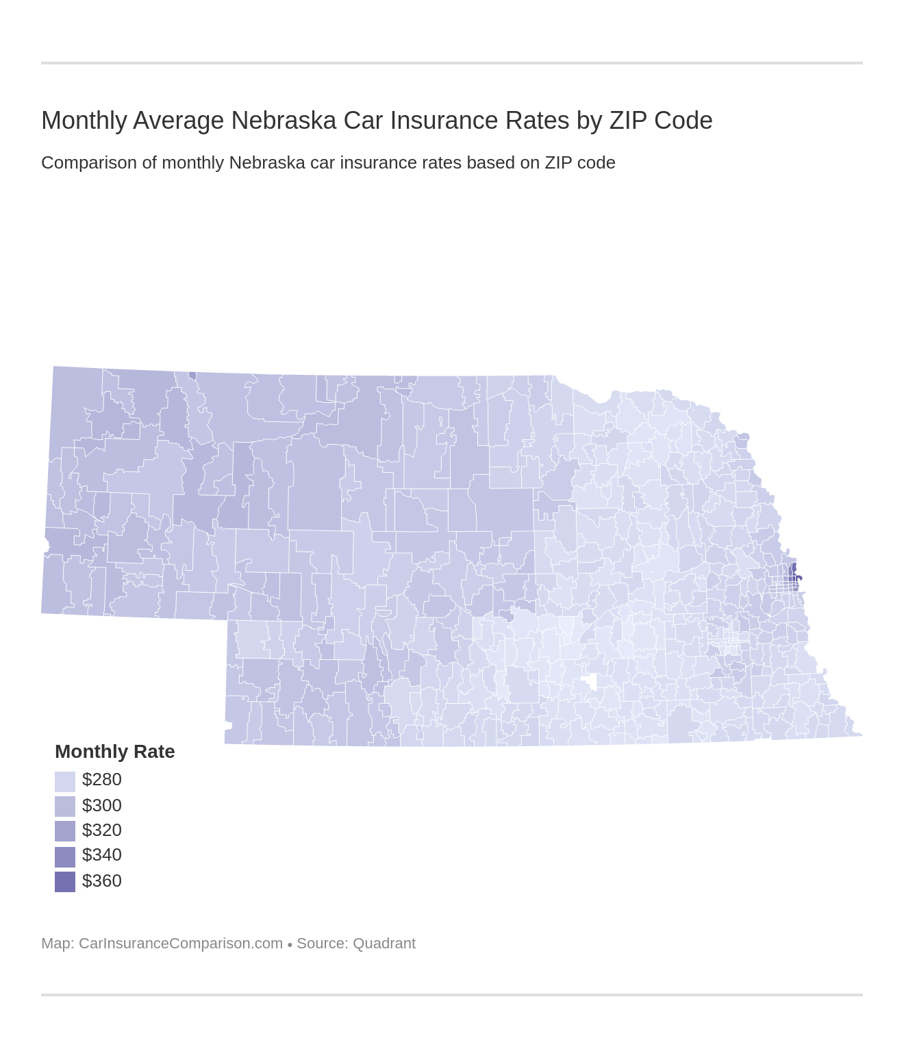 Monthly Average Nebraska Car Insurance Rates by ZIP Code