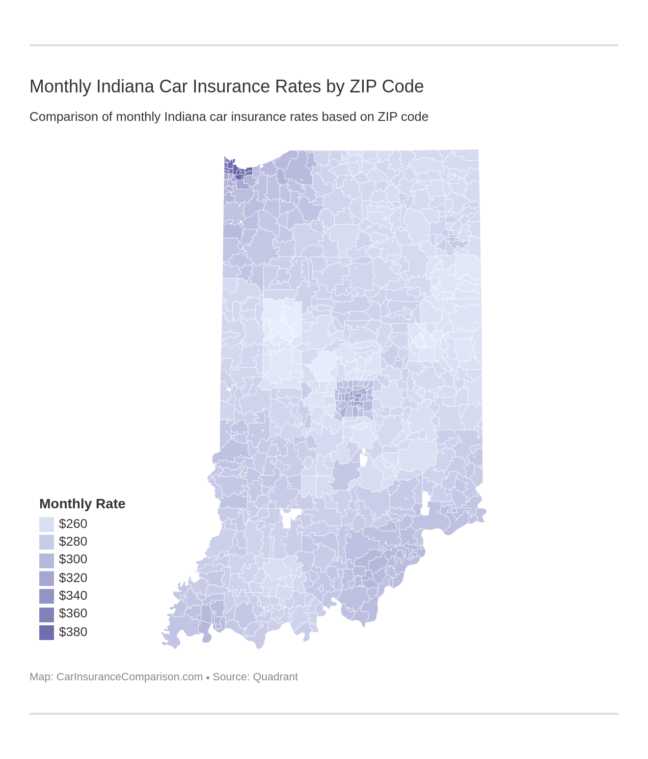 Monthly Indiana Car Insurance Rates by ZIP Code