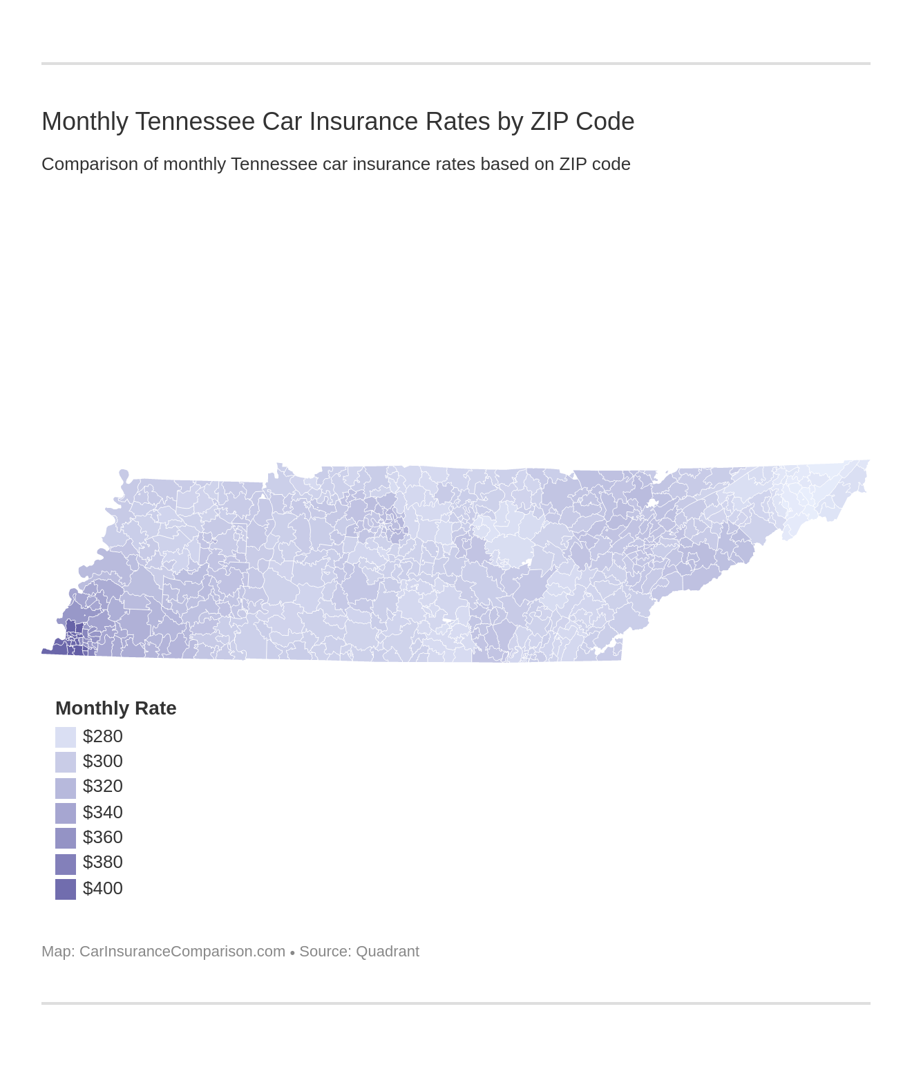 Monthly Tennessee Car Insurance Rates by ZIP Code